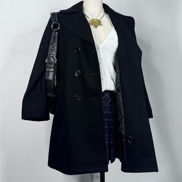 Vintage Wool Blend Double Breasted Pea Coat Black Dark Academia Minimalist SZ 8 - Picture 3 of 7